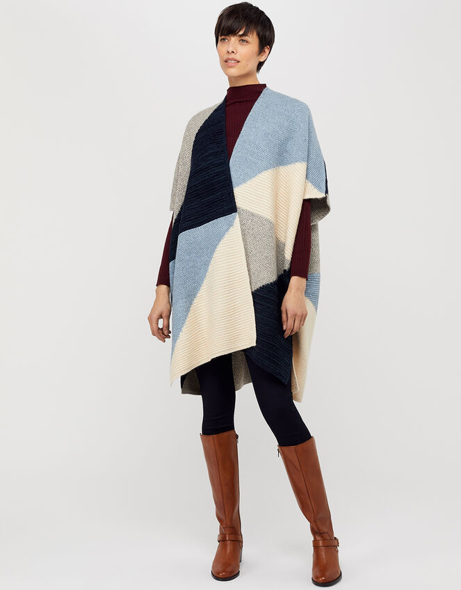 Polly Colour-Block Knit Poncho, Blue (BLUE), large