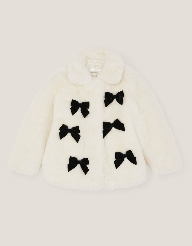 Bow Faux Fur Coat, Cream (CREAM), large