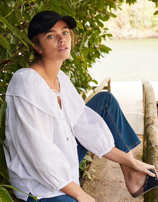 Frill Neck Top in Linen Gauze, Ivory (IVORY), large