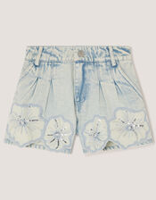 Sequin Flower Denim Shorts , Blue (BLUE), large