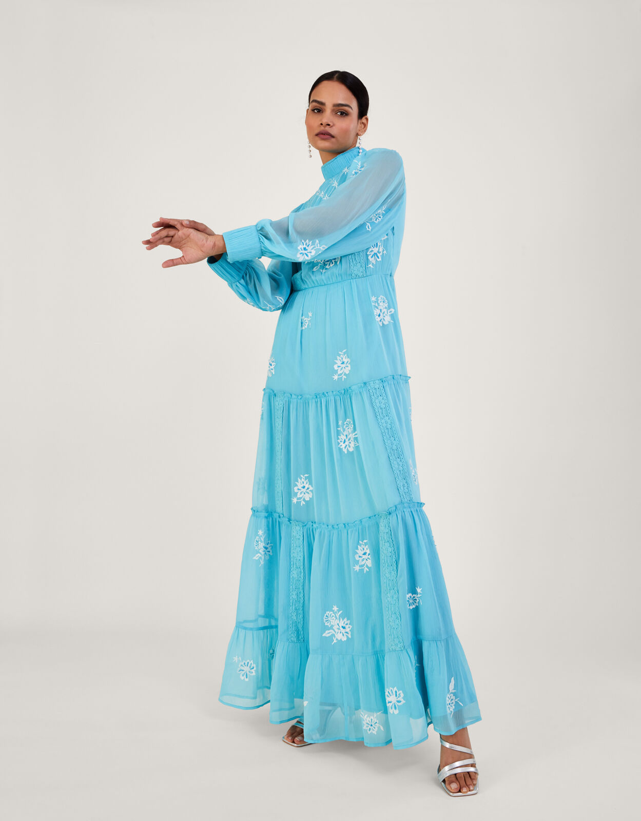 Maddie Embroidered Maxi Dress in Recycled Polyester Blue Evening Dresses Monsoon UK
