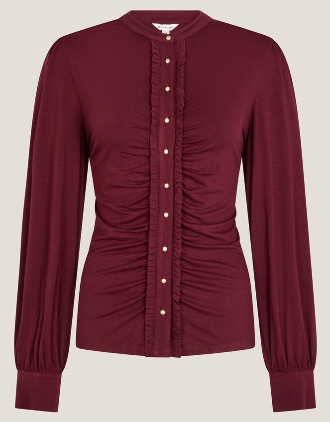 Jayne Ruched Frill Jersey Blouse, Red (BURGUNDY), large