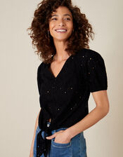 Tie Front Broderie Top, Black (BLACK), large