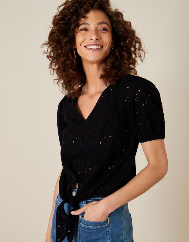 Tie Front Broderie Top, Black (BLACK), large