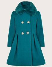 Double Breasted Skirted Coat with Faux Fur Collar, Teal (TEAL), large