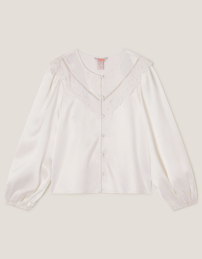 Embroidered Collar Satin Blouse, Ivory (IVORY), large