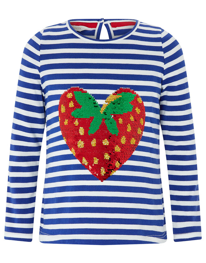 Sequin Heart Strawberry Striped T-Shirt, Blue (BLUE), large