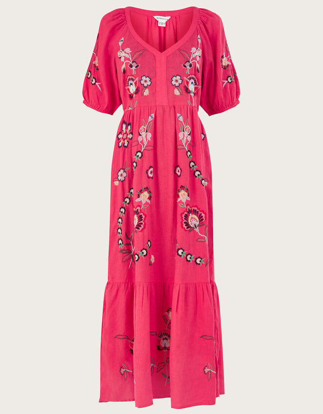 Embroidered Midi Dress in Linen Blend , Orange (CORAL), large