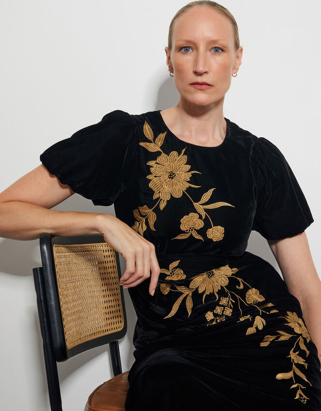 Kendra Embroidered Floral Velvet Midi Dress, Black (BLACK), large