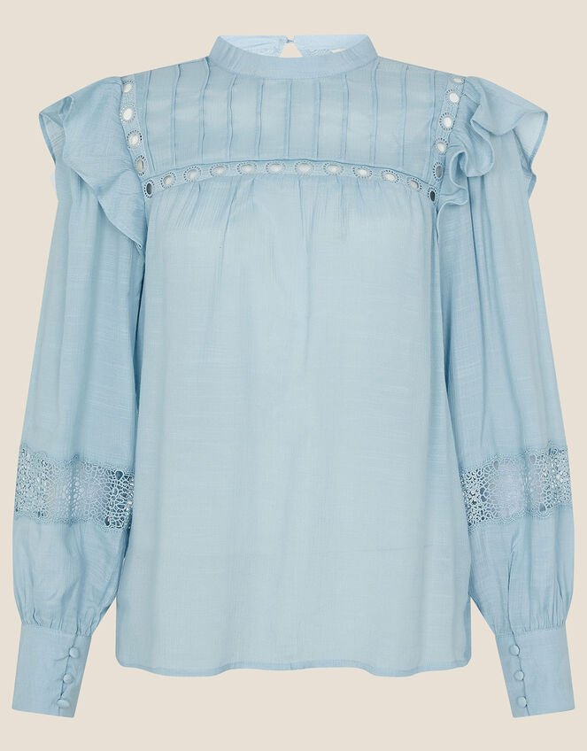 Lace Insert Blouse with LENZING™ ECOVERO™ , Blue (BLUE), large
