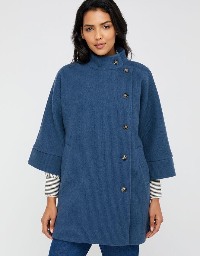 Mona Military Knitted Cape Coat, Blue (BLUE), large