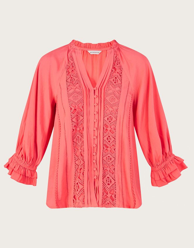 Hattie Lace Insert Top in Sustainable Viscose, Orange (CORAL), large