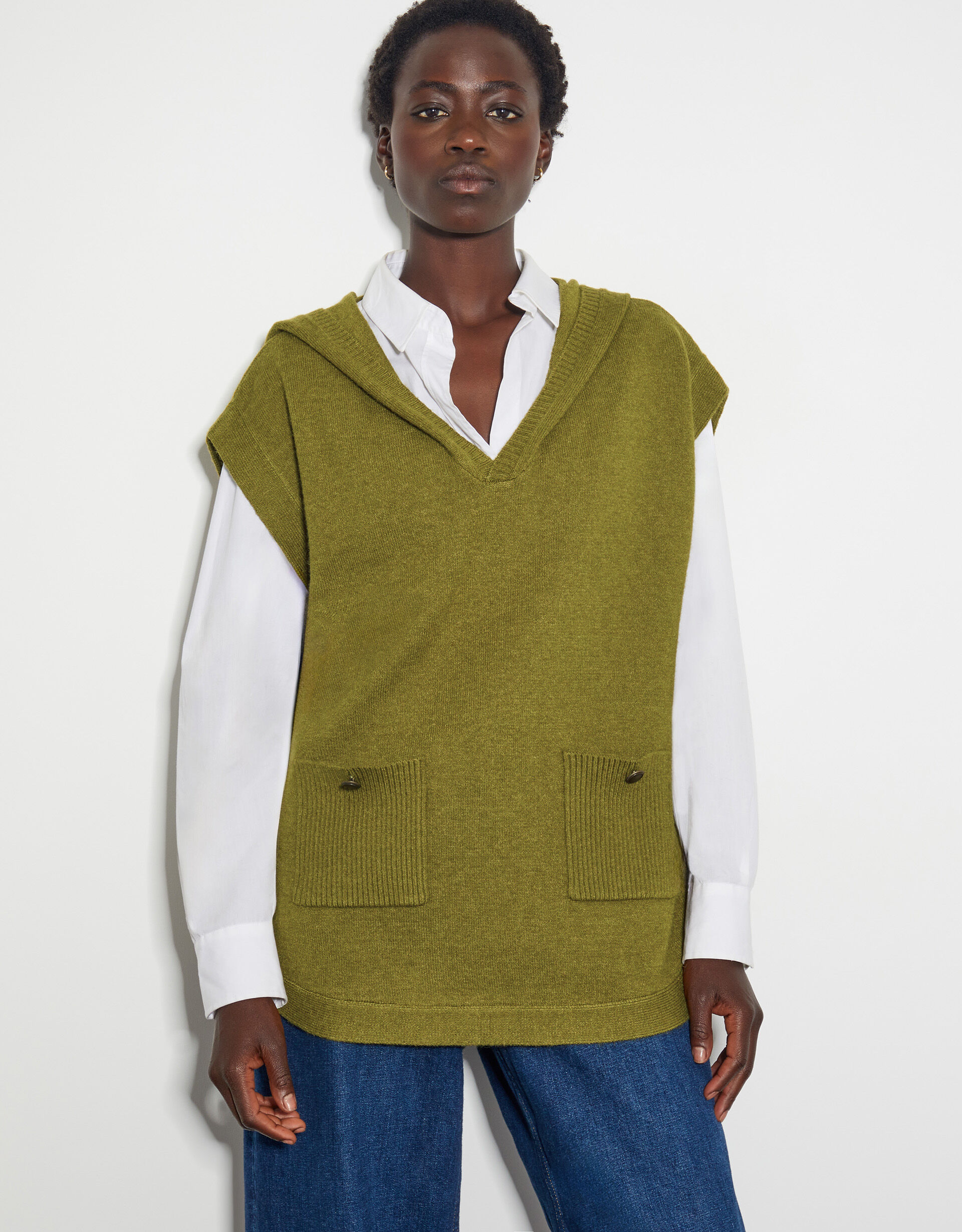 Hooded V Neck Sweater Vest Green