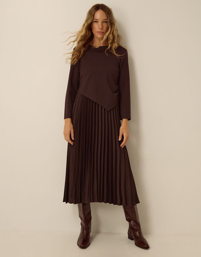 Petra Jersey Pleated Midi Dress, Brown (CHOCOLATE), large