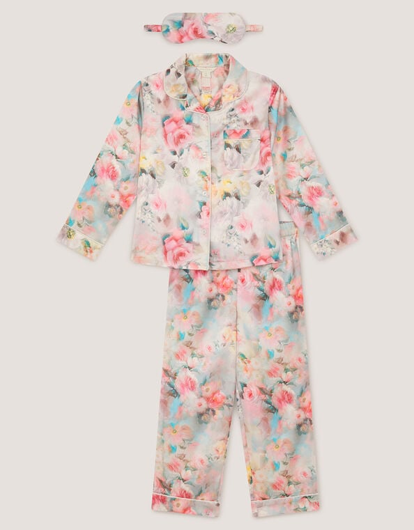 Floral Print Satin Long Pyjama & Eye Mask Set, Multi (MULTI), large