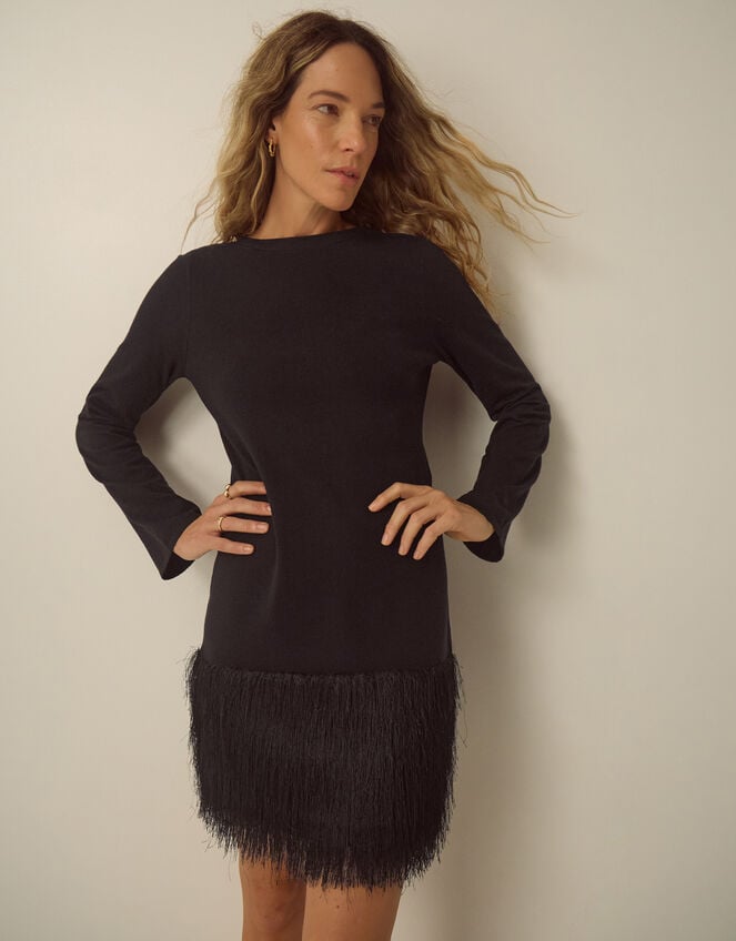 Fina Long Sleeve Knitted Fringe Mini Dress, Black (BLACK), large