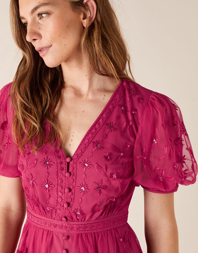 Valerie Sequin Embroidered Tea Dress, Pink (PINK), large