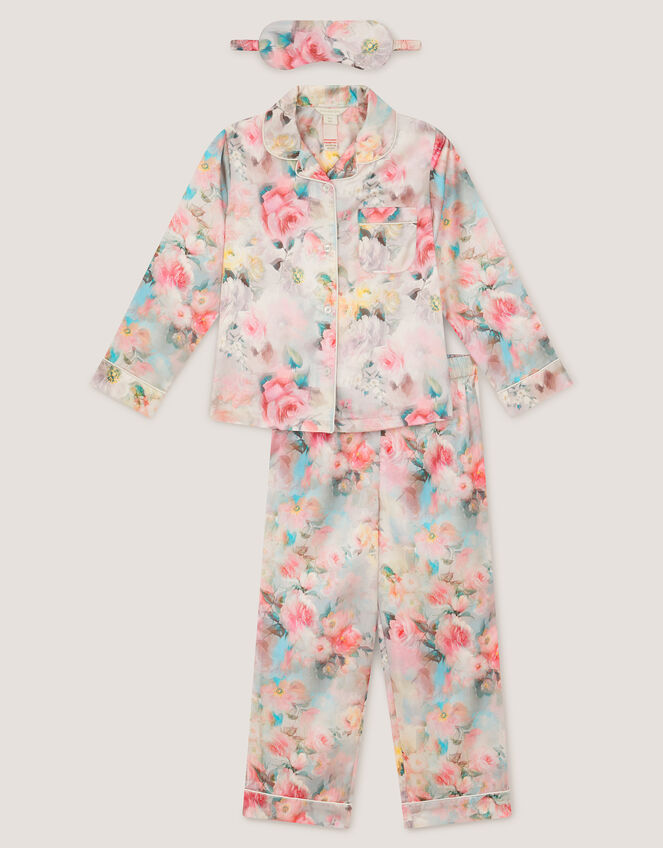 Floral Print Satin Long Pyjama & Eye Mask Set, Multi (MULTI), large