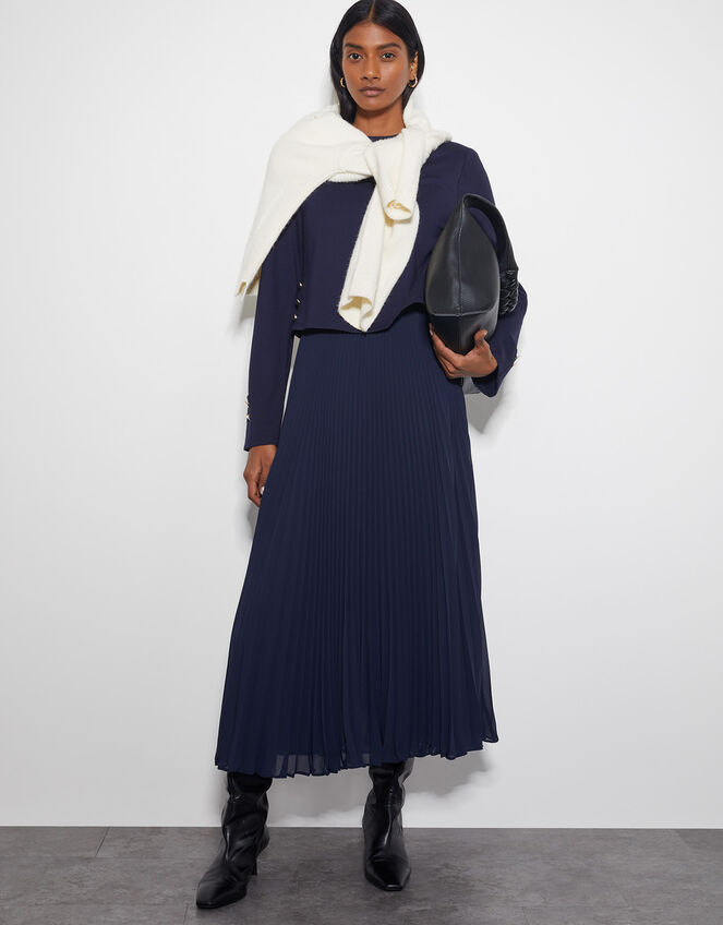 Penny Long Sleeve Pleated Midi Dress, Blue (NAVY), large