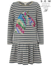 Zebra Sequin Stripe Sweat Dress in Organic Cotton, Grey (GREY), large