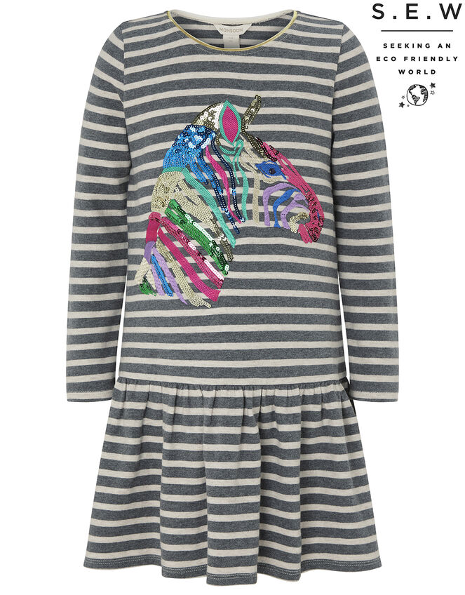 Zebra Sequin Stripe Sweat Dress in Organic Cotton, Grey (GREY), large