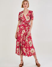 Bex Sequin Floral Wrap Dress, Red (RED), large