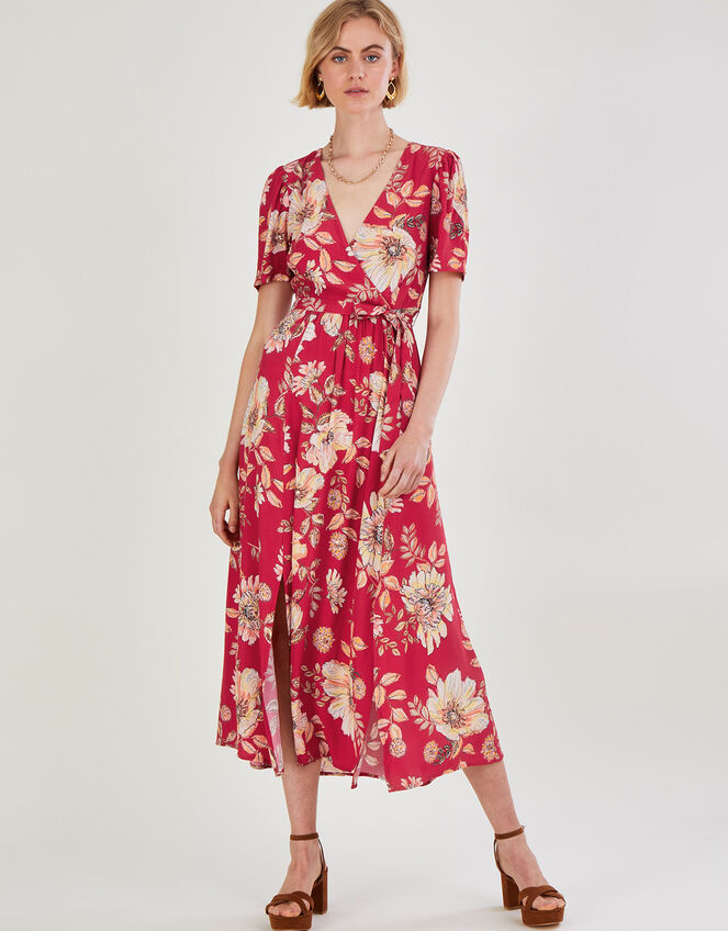 Bex Sequin Floral Wrap Dress, Red (RED), large