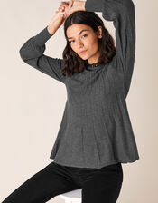 Woven Neckline Knit Jumper with Recycled Polyester, Grey (CHARCOAL), large