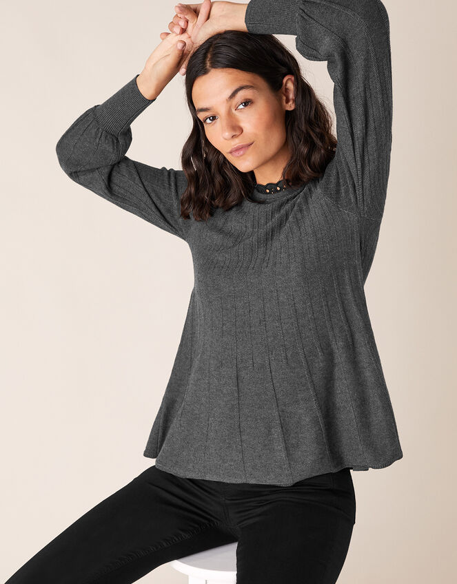Woven Neckline Knit Jumper with Recycled Polyester, Grey (CHARCOAL), large
