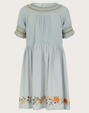 Embroidered Shirred Dress, Blue (BLUE), large