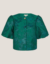 Jolene Floral Jacquard Puff Sleeve Jacket, Green (GREEN), large