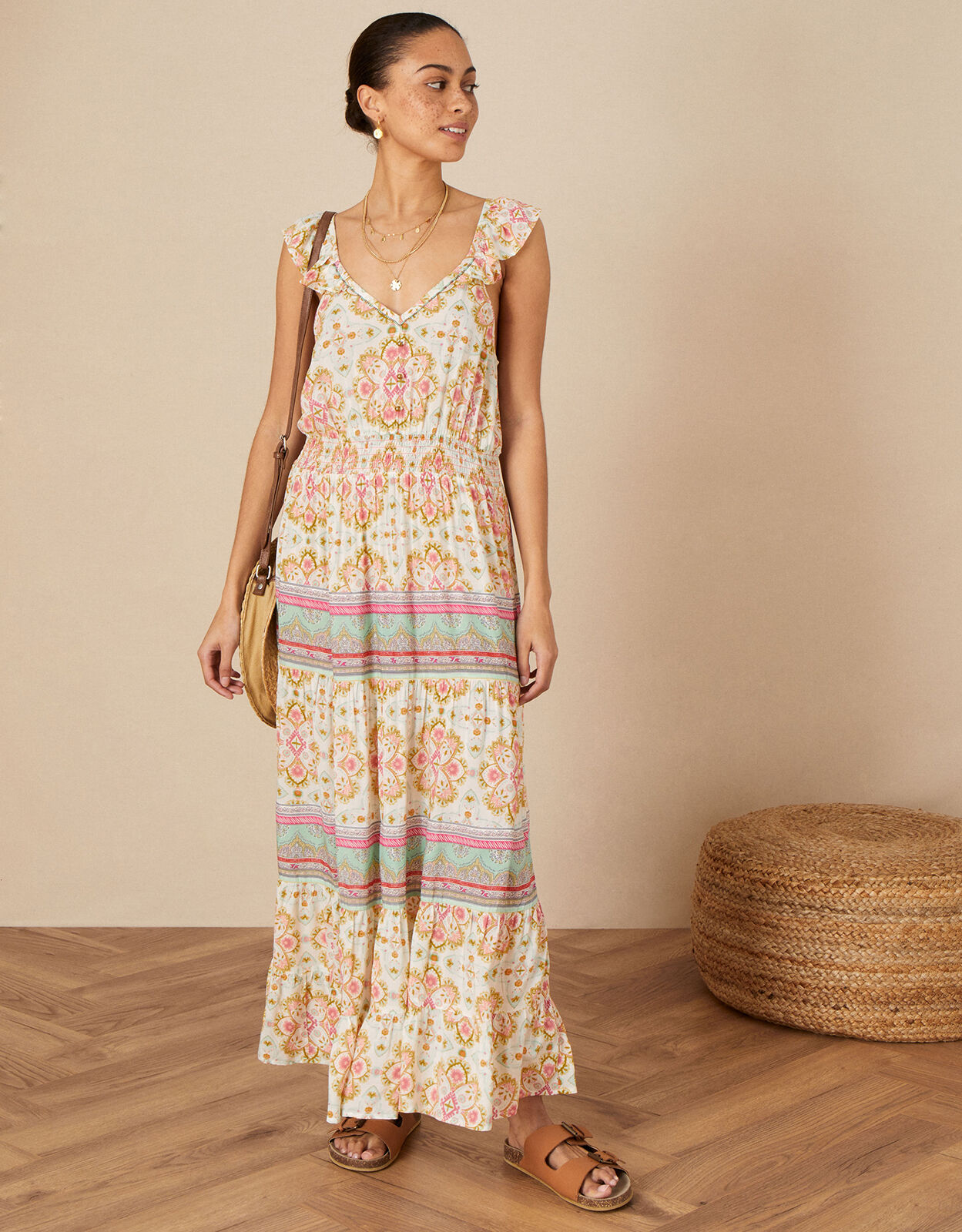 Frill Tiered Printed Maxi Dress Orange