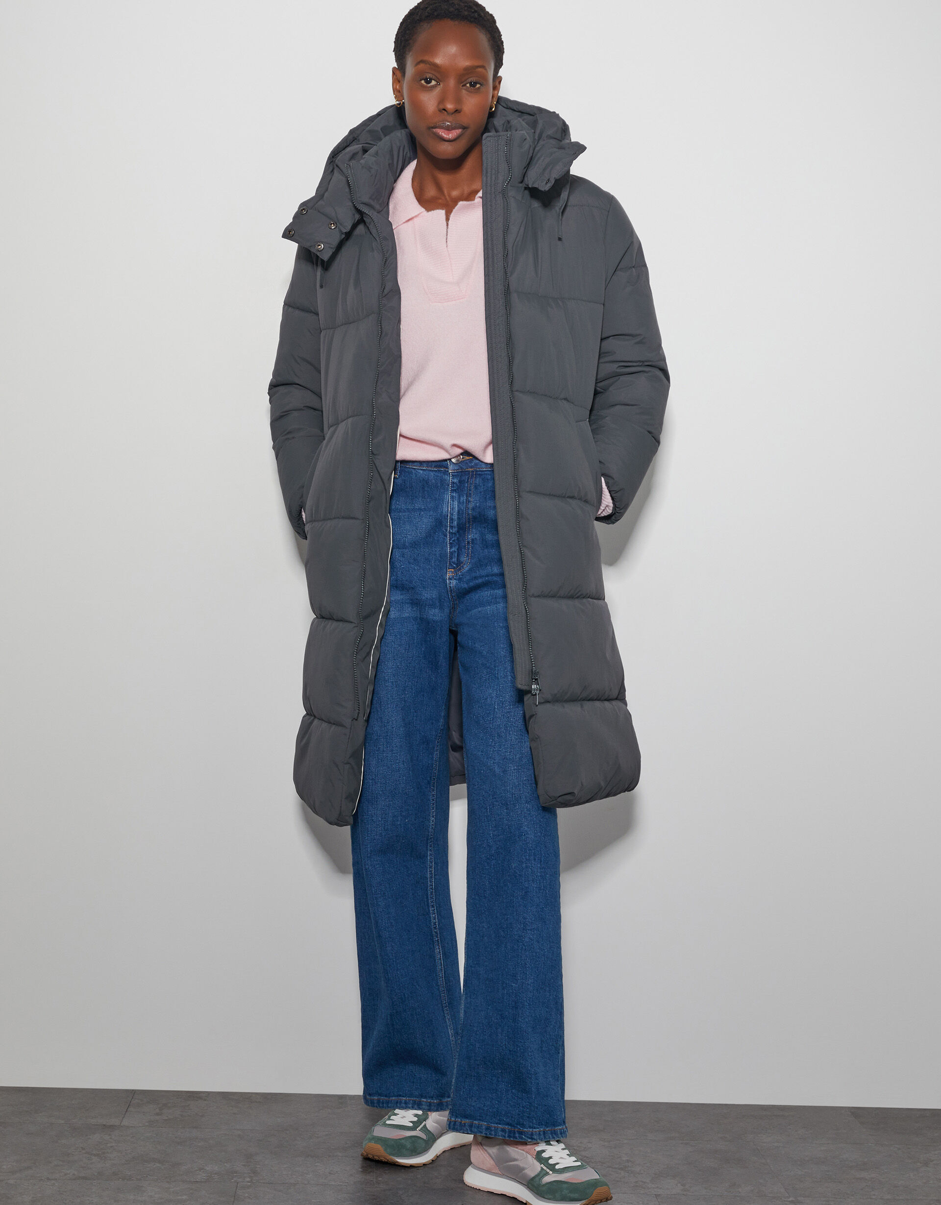Grey puffer coat with belt hot sale