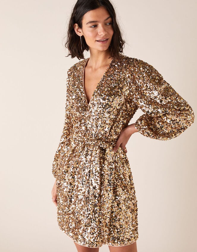 Jennifer Sequin Stretch Wrap Dress, Gold (GOLD), large