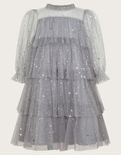 Foil Star Tulle Tiered Dress, Grey (GREY), large
