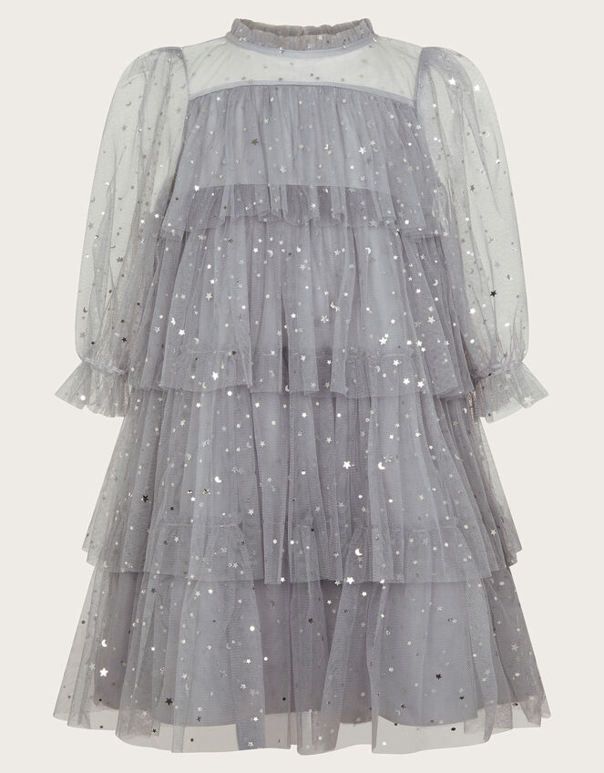 Foil Star Tulle Tiered Dress, Grey (GREY), large