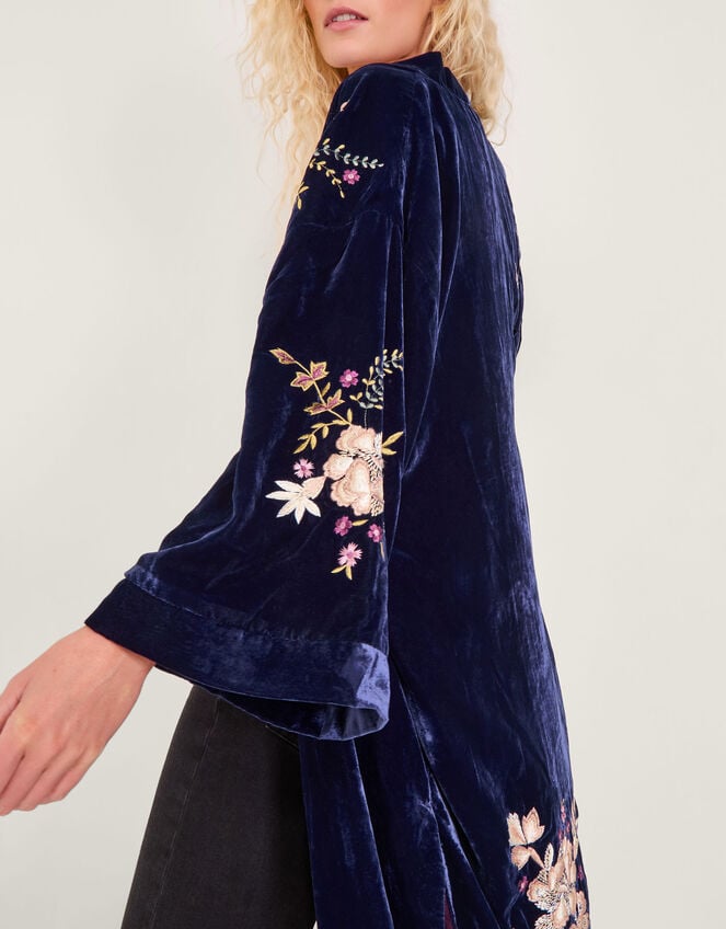 Fallon Embroidered Velvet Kimono , Blue (NAVY), large