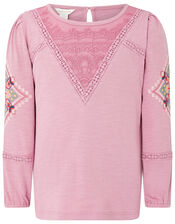 Crochet Insert Long Sleeve Top in Organic Cotton, Pink (DUSKY PINK), large