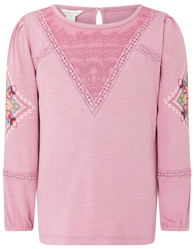 Crochet Insert Long Sleeve Top in Organic Cotton, Pink (DUSKY PINK), large