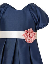 Baby Corsage Belt Duchess Twill Dress, Blue (NAVY), large