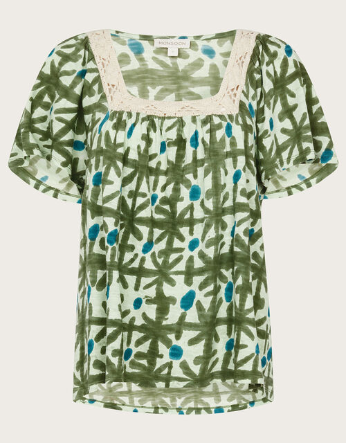 Ikat Crochet Trim Jersey Top in Organic Cotton, Green (GREEN), large