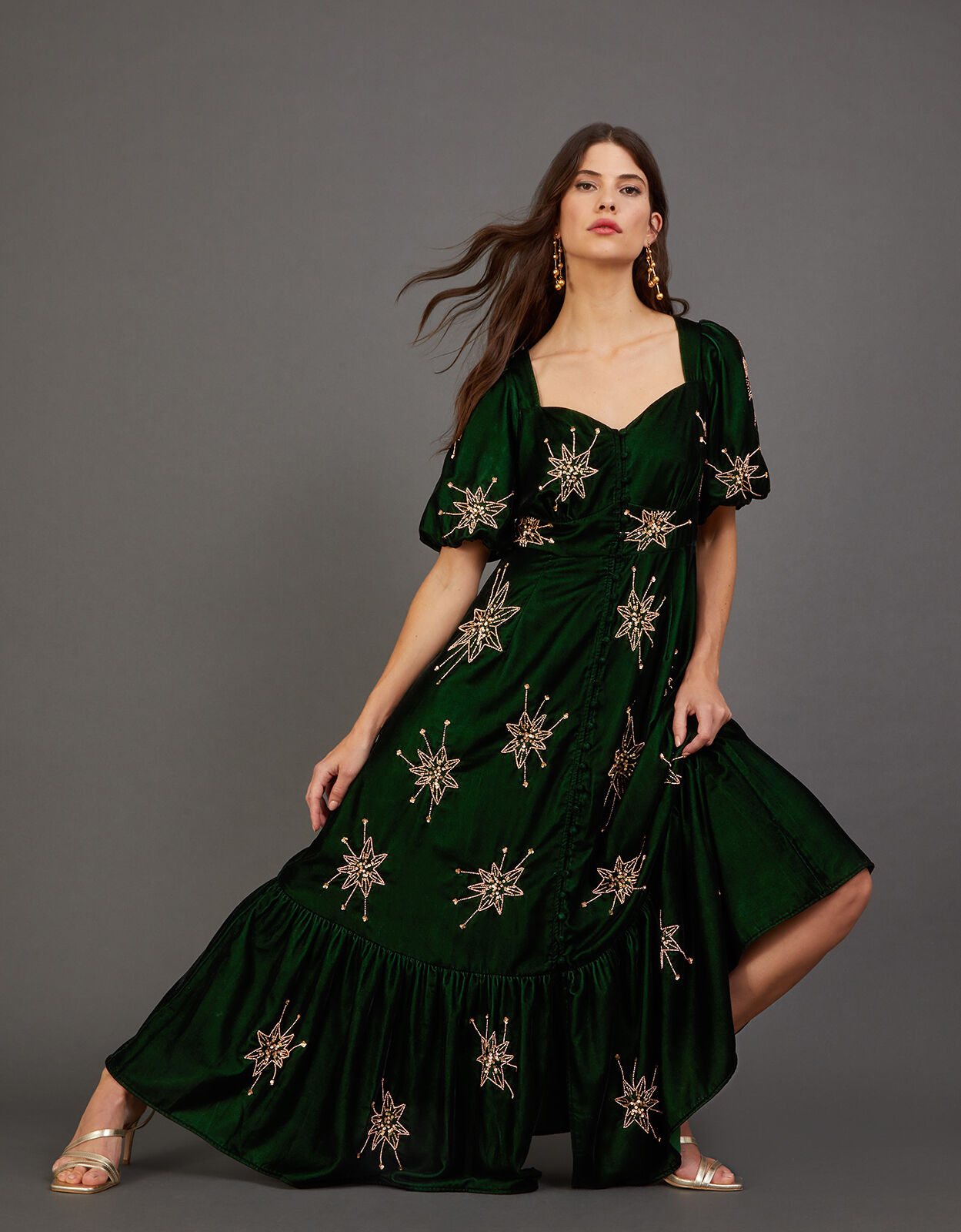 Veera Velvet Star Tea Dress Green