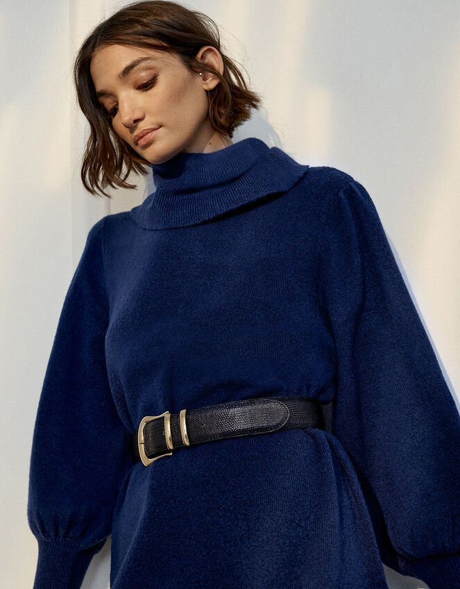 Roll Neck Knit Dress, Blue (DARK BLUE), large