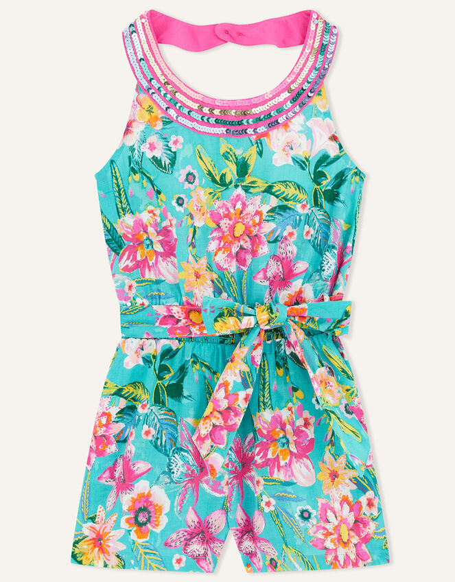 Floral Print Sequin Halterneck Playsuit , Green (GREEN), large