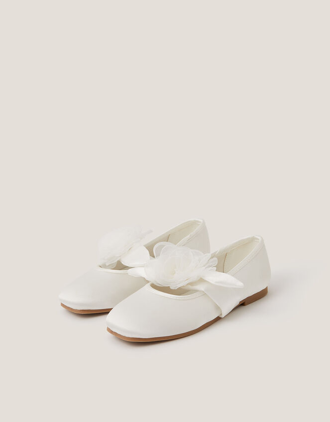Flower Strap Satin Ballet Flats, Ivory (IVORY), large