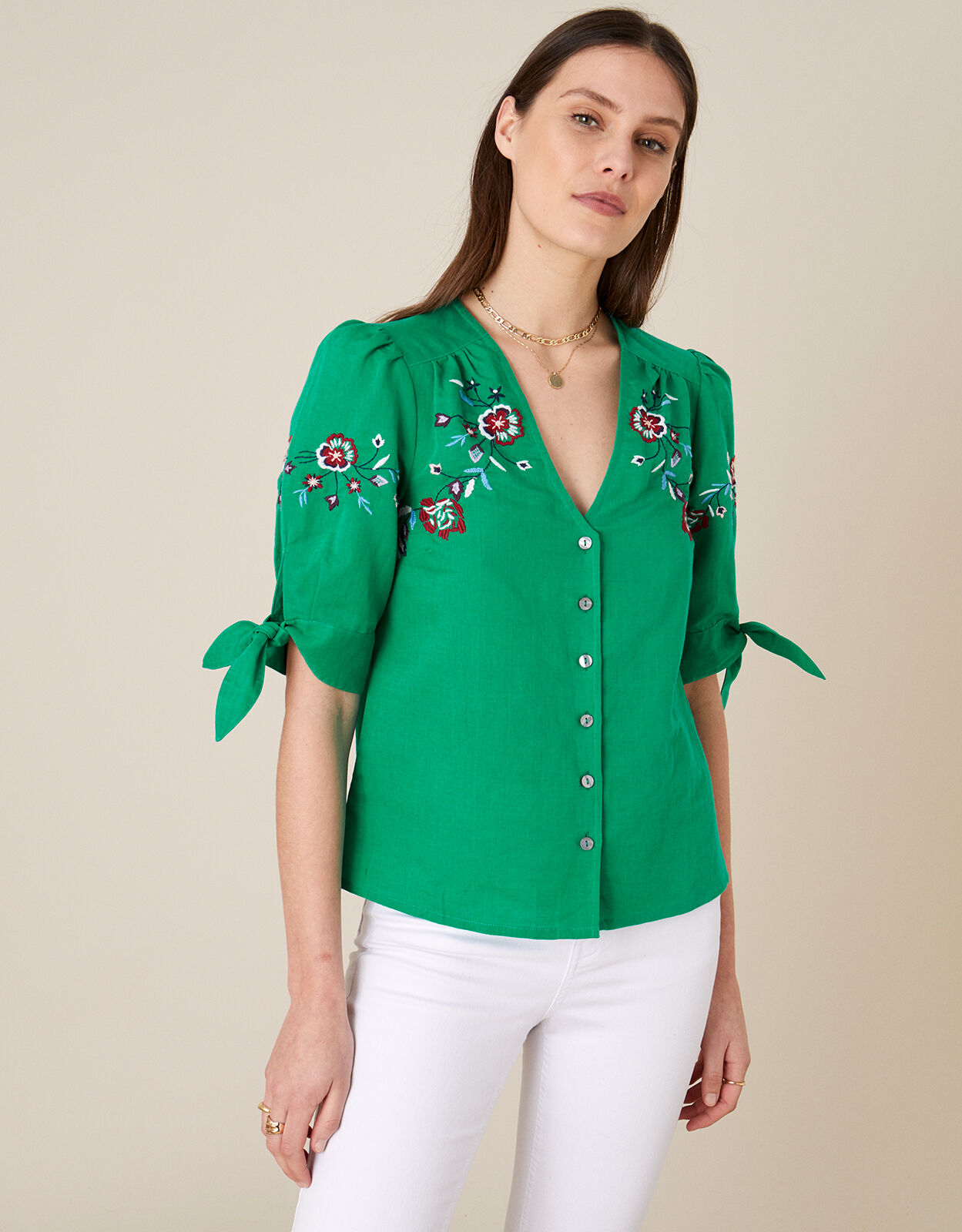 Floral Embroidered Top in Linen Blend Green | Tops & T