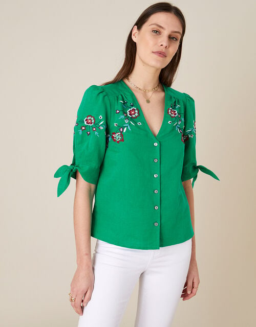 Floral Embroidered Top in Linen Blend, Green (GREEN), large