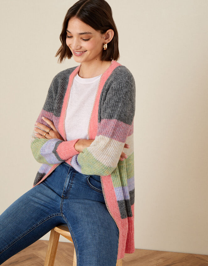 Stripe Cardigan in Wool Blend, Grey (CHARCOAL), large