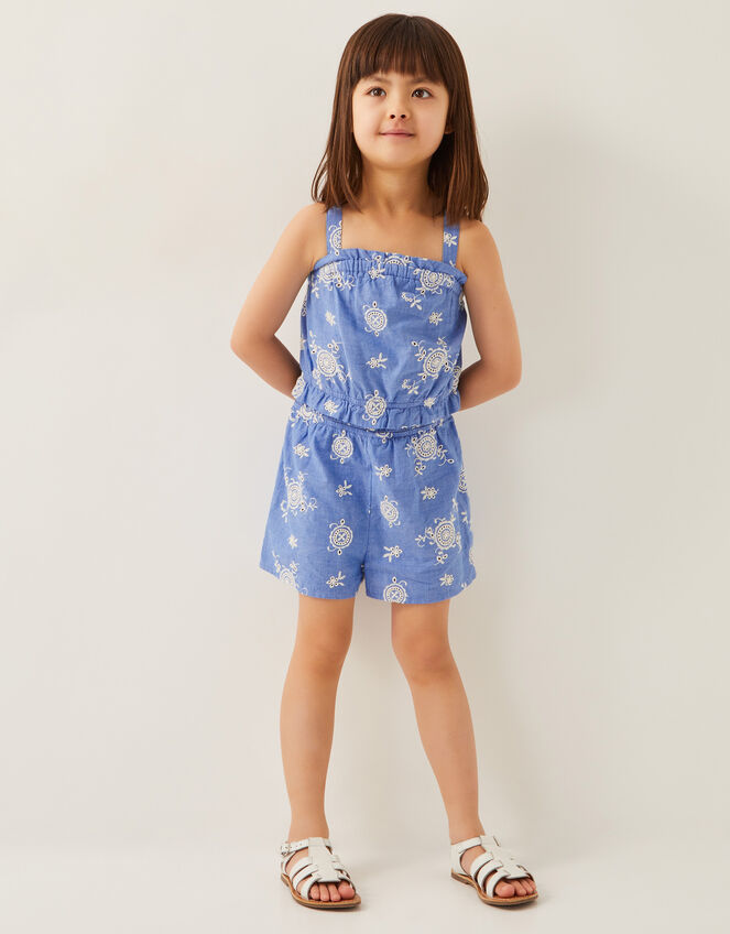 Strappy Broderie Chambray Playsuit, Blue (BLUE), large