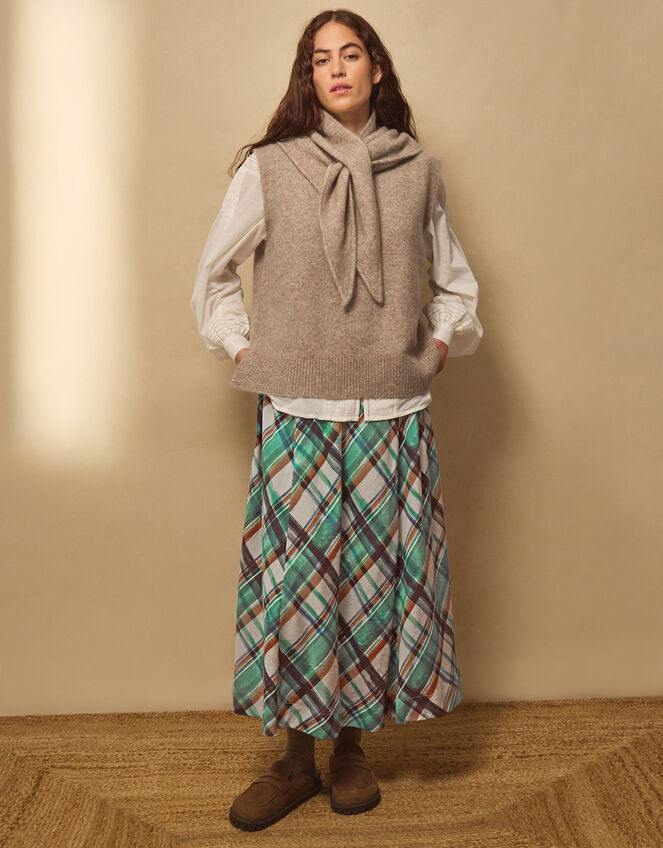East Clarissa Hand-Painted Check Print Midi Skirt, Teal (TEAL), large